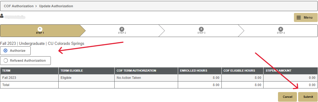 Arrow pointing to COF Authorization Decision and submit button in myUCCS Portal