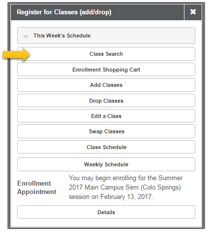 This week schedule menu with Class Search highlighted