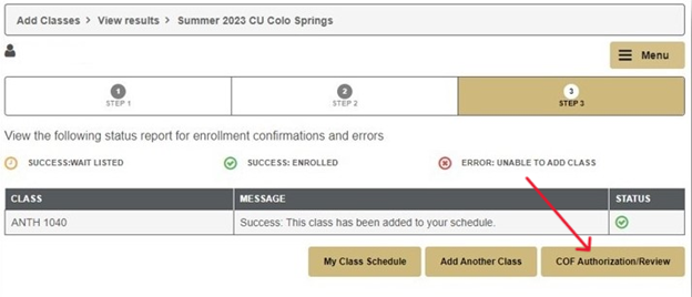 Arrow pointing to COF Authorization/Review in myUCCS Portal