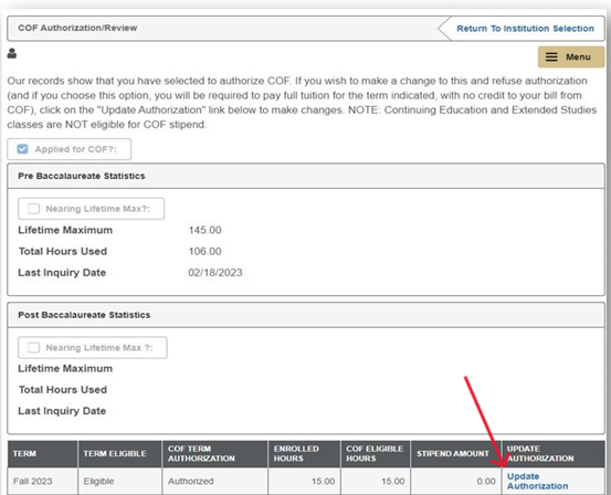 Arrow pointing to Update Authorization in myUCCS Portal