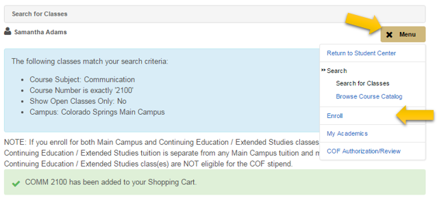 Search for Classes menu with Enroll buttoned highlighted
