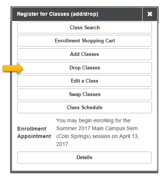 Register for Classes menu with Drop Classes highlighted underneath Add Classes