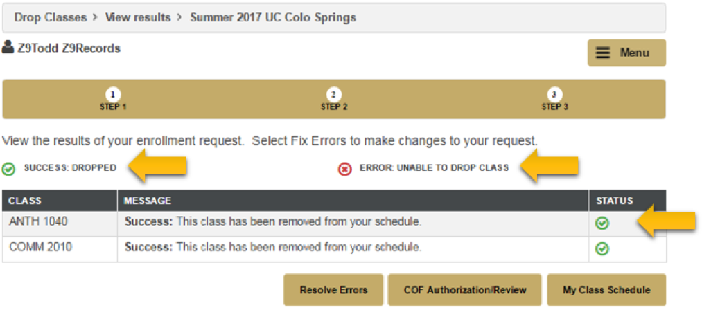Dropped Classes menu with Status switched to green