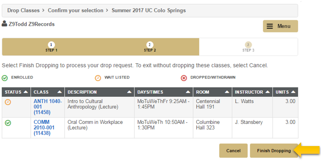 Confirm Selection Menu with Finishing Dropping button highlighted